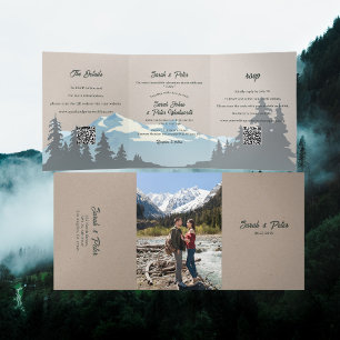 Rustikale Bergkette Kiefernwald QR-Code-Hochzeit Dreifach Gefaltete Einladung