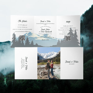 Rustikale Bergkette Kiefernwald QR-Code-Hochzeit Dreifach Gefaltete Einladung
