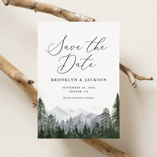 Rustikale Bergkiefern-Hochzeit Save The Date