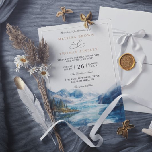 Rustikale Bergsee Montana QR-Code Hochzeit Einladung