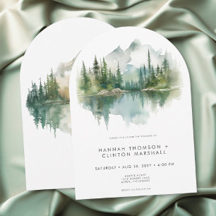 Rustikale Bergsee-Szene Aquarell-Bogen-Hochzeit Einladung