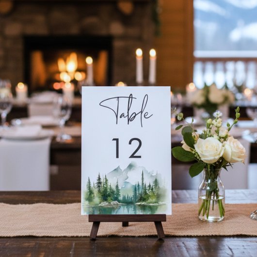 Rustikale Bergsee-Szene Aquarell-Hochzeit Tischnummer