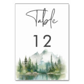 Rustikale Bergsee-Szene Aquarell-Hochzeit Tischnummer (Rückseite)