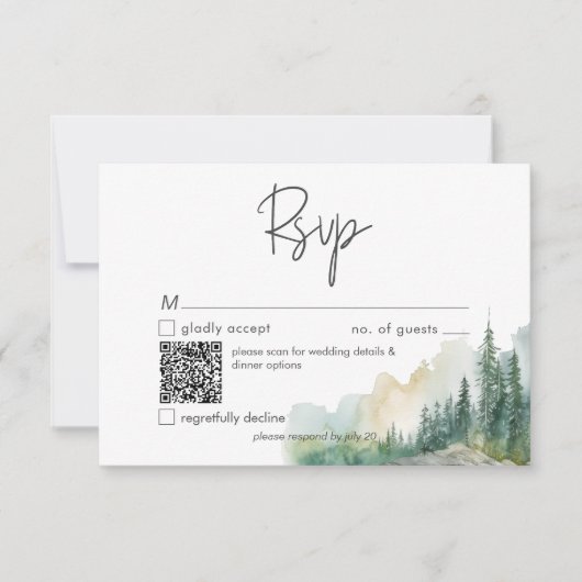 Rustikale Bergsee-Szene Wasserfarbe QR-Code RSVP Karte (Vorderseite)
