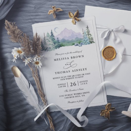 Rustikale Bergwaldlandschaft QR-Code-Hochzeit Einladung