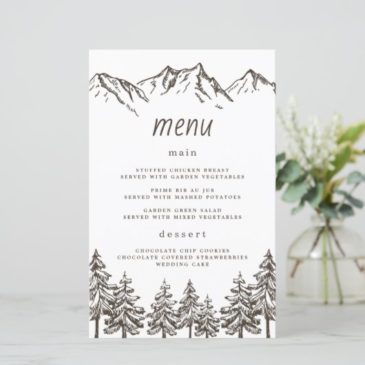Rustikale Bergwelt Elegantes Pine Wedding Menu Kar (Stehend Vorderseite)