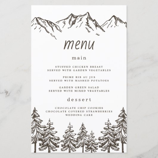 Rustikale Bergwelt Elegantes Pine Wedding Menu Kar (Vorderseite)