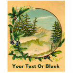 Rustikale Bergwelt Fotoskulptur Magnet<br><div class="desc">Ein Vintages rustikales Bild; eine kreisförmige Vignette mit Bergen und Schneebäumen in den Ästen,  umgeben von einem Blumenmotiv. Fügen Sie Ihren eigenen Text hinzu.</div>