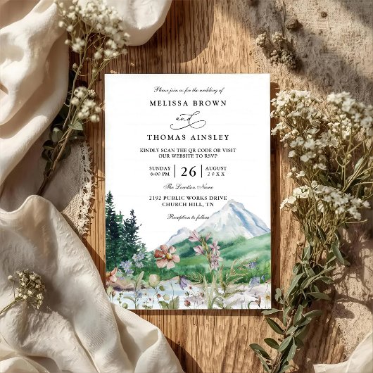Rustikale Bergwildblumen-Boho-QR-Code-Hochzeit Einladung