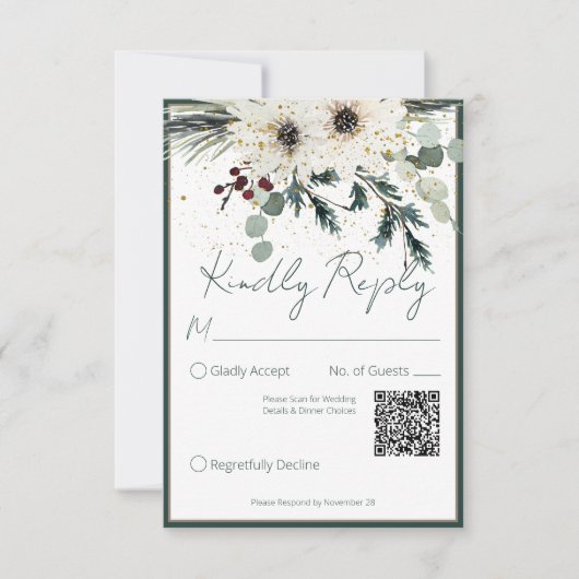 Rustikale Berries Winter Floral QR Code Hochzeit RSVP Karte (Vorderseite)
