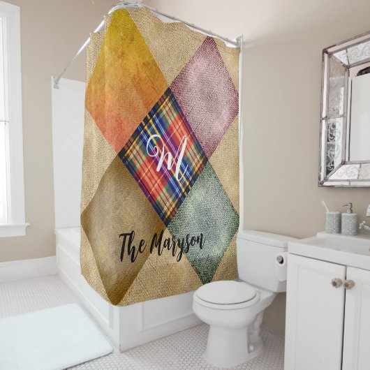 Rustikale Bezeichnung Monogram Patched Kariert Jut Duschvorhang (Beispiel)