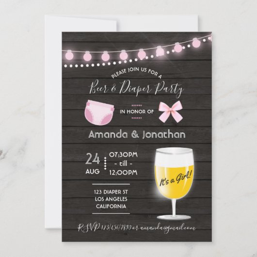 Rustikale Bier- und Windelmädchendusche Einladung (Vorderseite)