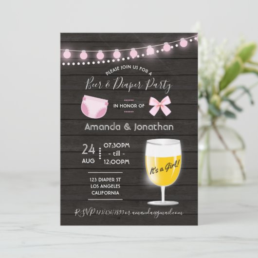 Rustikale Bier- und Windelmädchendusche Einladung (Stehend Vorderseite)