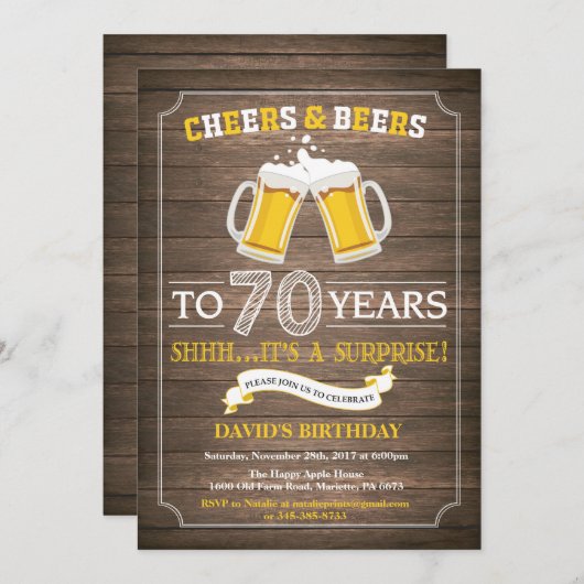 Rustikale Bierüberraschung 70. Geburtstag Einladun Einladung (Vorne/Hinten)
