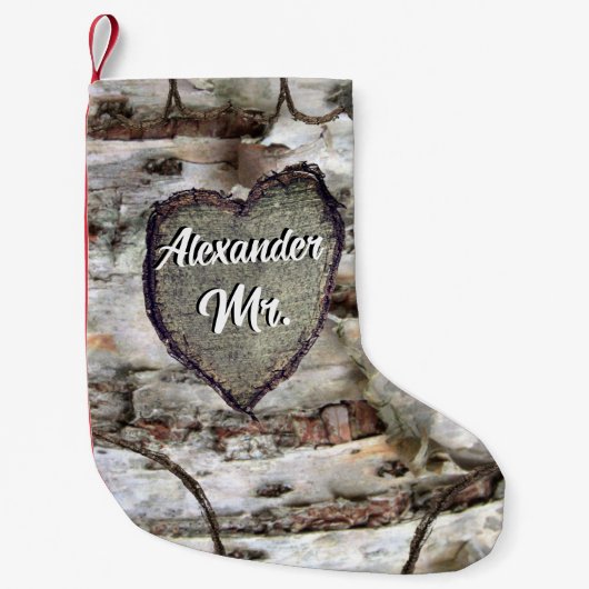 Rustikale Birch Bark Wood Carved Heart Aspen Tree Kleiner Weihnachtsstrumpf (Vorderseite)