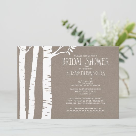 Rustikale Birch Tree Bridal Dusche Einladungen (Stehend Vorderseite)