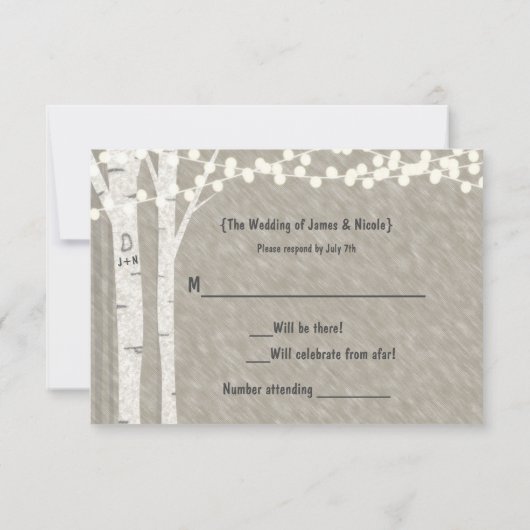 Rustikale Birch Tree String Lights RSVP Karte (Rückseite)