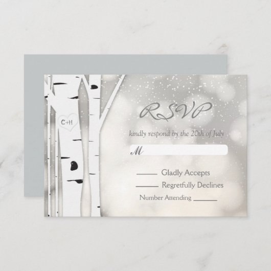 Rustikale Birch Tree Winter White Snowy RSVP Card (Vorne/Hinten)