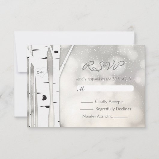 Rustikale Birch Tree Winter White Snowy RSVP Card Karte (Vorderseite)