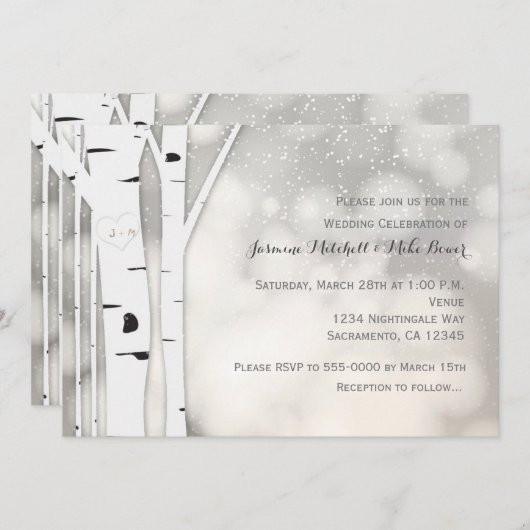 Rustikale Birch Tree Winter White Wedding Einladun Einladung (Vorne/Hinten)