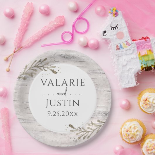 Rustikale Birch Wood Wedding Pappteller (Party)