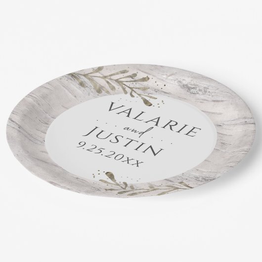 Rustikale Birch Wood Wedding Pappteller (Schrägansicht)