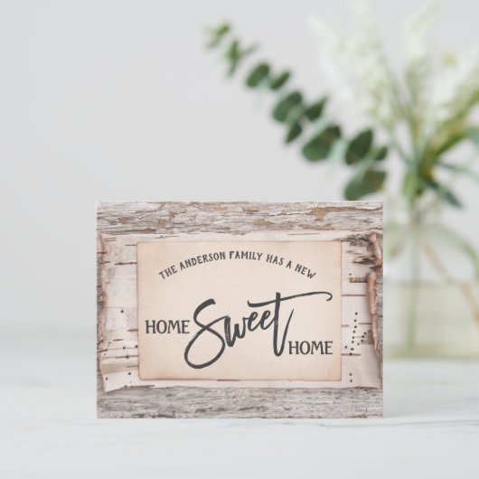 Rustikale Birch Zuhause Sweet Zuhause Moving Ankün Postkarte (Stehend Vorderseite)
