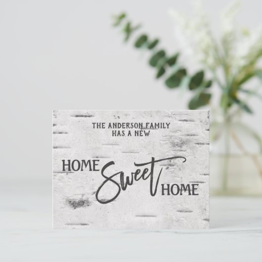 Rustikale Birch Zuhause Sweet Zuhause Moving Ankün Postkarte (Stehend Vorderseite)
