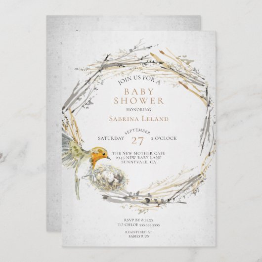 Rustikale Bird and Nest Watercolor Babydusche Einladung (Vorne/Hinten)