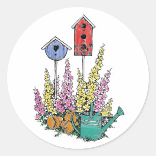 Rustikale Birdhouse-Garten-Aquarell-Skizze Runder Aufkleber