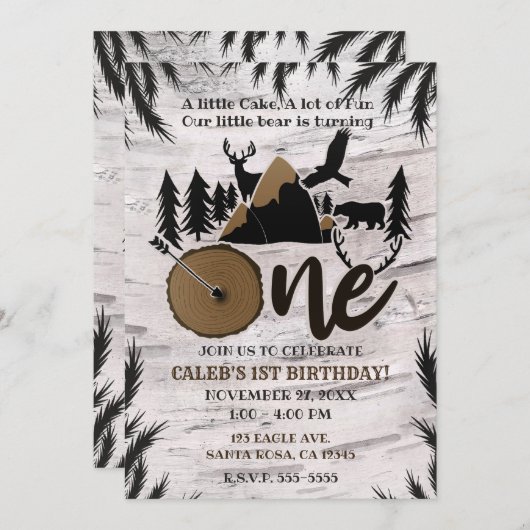 Rustikale Birke Outdoor Wilderness 1. Geburtstag Einladung (Vorne/Hinten)