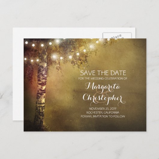 rustikale Birke und Lichter Save the Date Ankündigungspostkarte (Vorne/Hinten)