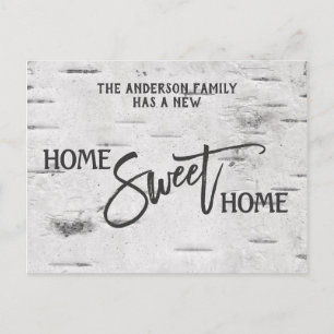 Rustikale Birken-Home-Sweet-Home-Umsiedlungsankünd Postkarte