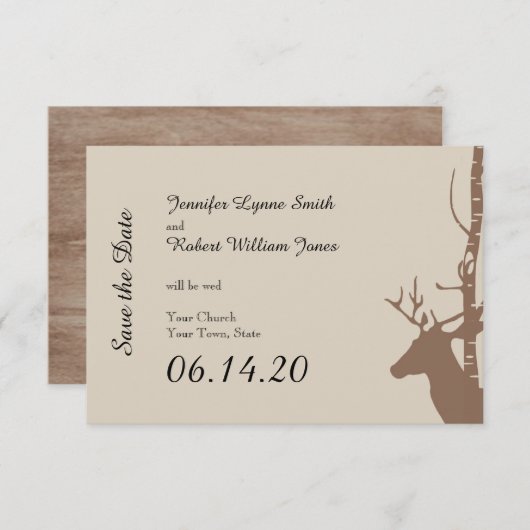 Rustikale Birken und Hirschhochzeiten retten das D Save The Date (Vorne/Hinten)