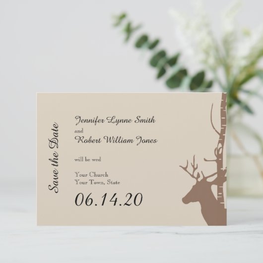 Rustikale Birken und Hirschhochzeiten retten das D Save The Date (Stehend Vorderseite)