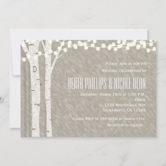 Rustikale Birkenbaum-Lichter zum Hochzeitsempfang Einladung (Vorderseite)