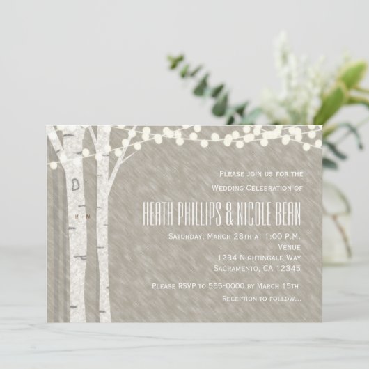 Rustikale Birkenbaum-Lichter zum Hochzeitsempfang Einladung (Stehend Vorderseite)