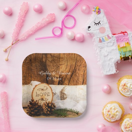 Rustikale Birkenbaum- und Braunwaldhochzeit Pappteller (Party)