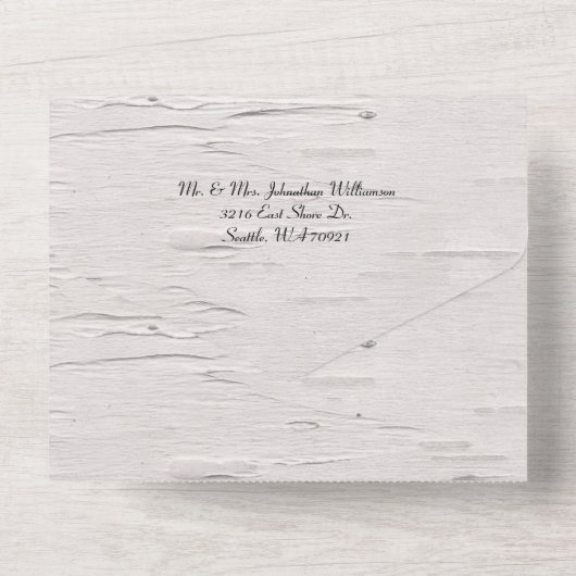 Rustikale Birkenbäume und Hirschhochzeit All In One Einladung (Rückseite)