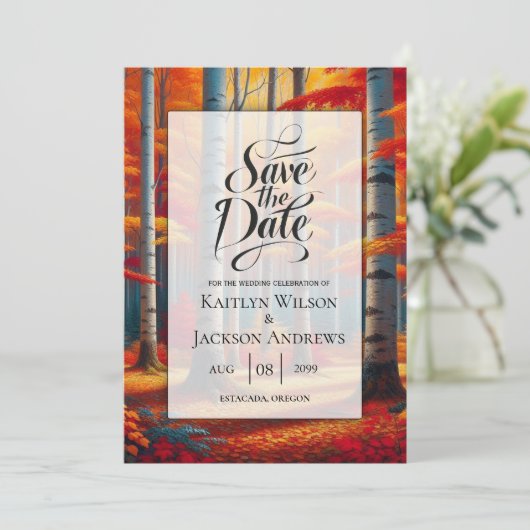 Rustikale BirkenbaumHochzeit im Herbst Save The Date (Stehend Vorderseite)
