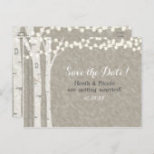 Rustikale Birkenbaumzeichenleuchten Rett Date Wedd Ankündigungspostkarte (Vorne/Hinten)