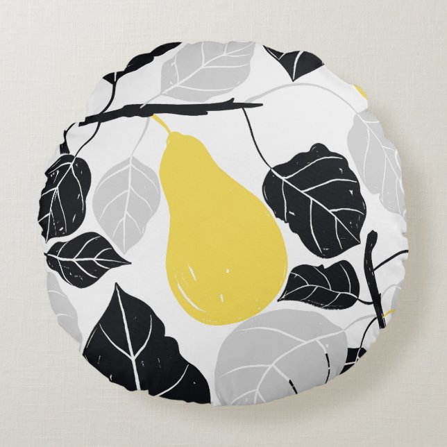 Rustikale Birnen Gelb Schwarz Rundes Kissen (Vorderseite)