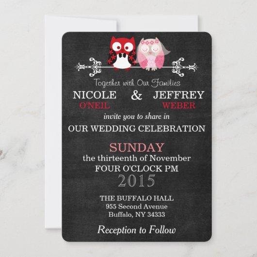 Rustikale Black Chalkboard Owl Bride Groom Hochzei Einladung (Vorderseite)