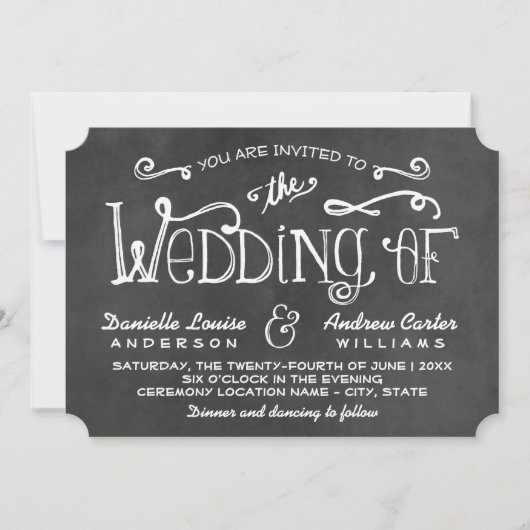 Rustikale Black Chalkboard Script Wedding Einladung (Vorderseite)