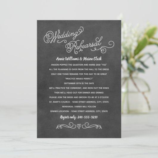 Rustikale Black Chalkboard Wedding Probe Einladung (Stehend Vorderseite)