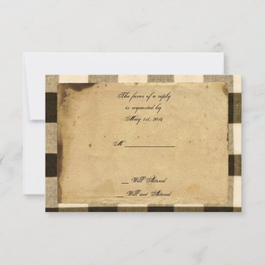 Rustikale Black Sepia Karo Response Card RSVP Karte (Vorderseite)