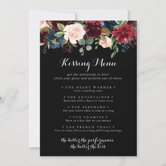 Rustikale Black Wedding Kissing Menu Game Card (Vorderseite)