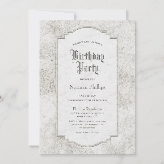 Rustikale, blassgraue Geburtstagsparty Einladung (Vorderseite)