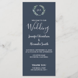 Rustikale Blätter auf marineblauen Hochzeitsprogra Programm