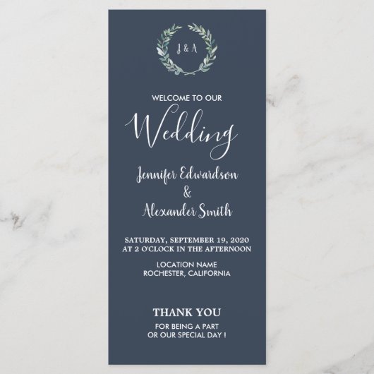 Rustikale Blätter auf marineblauen Hochzeitsprogra Programm (Vorderseite)